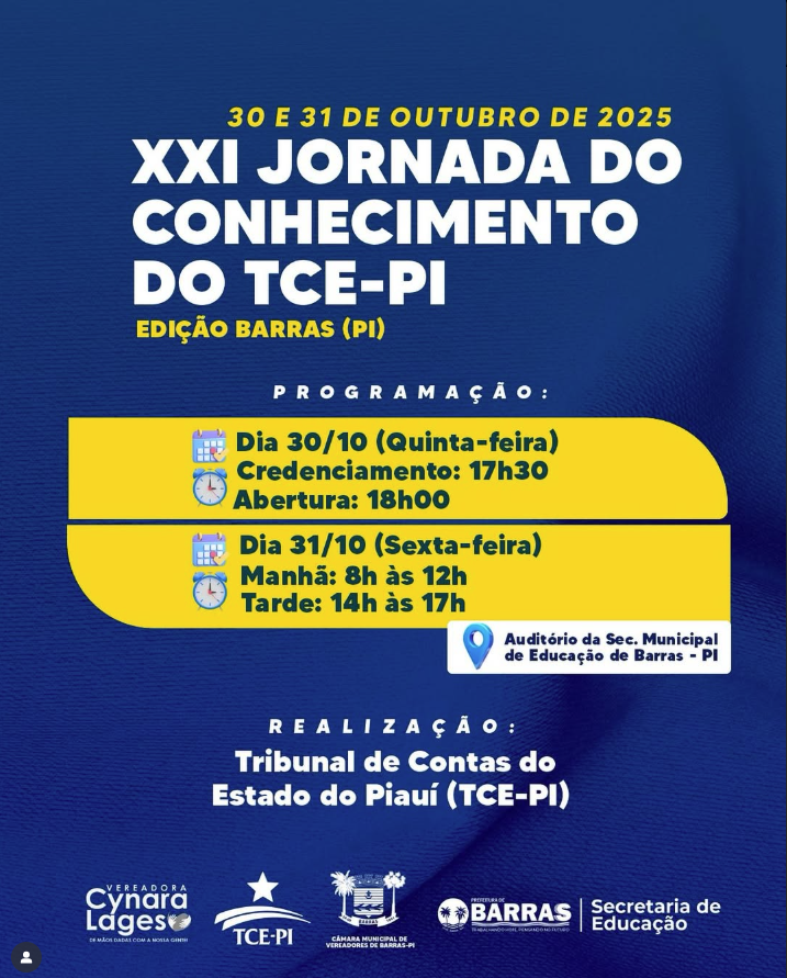Barras sedia a XXI Jornada do Conhecimento do TCE-PI nos dias 30 e 31 de outubro